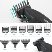 Hair trimmer with interchangeable attachments and measurement indicators on a white background