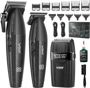 Black VGR electric hair trimmer set with two clipper bodies, a charging dock, multiple guide combs, cables, a cleaning brush, and a small accessory bottle on a white background.