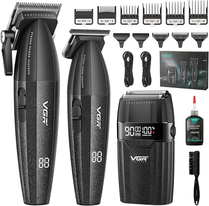 Black VGR electric hair trimmer set with two clipper bodies, a charging dock, multiple guide combs, cables, a cleaning brush, and a small accessory bottle on a white background.