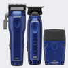 Three BabylissPRO LOPROFX hair clippers shown on a light gray background: a large clipper on the left, a smaller clipper in the center, and a matching blue and black battery pack on the right.
