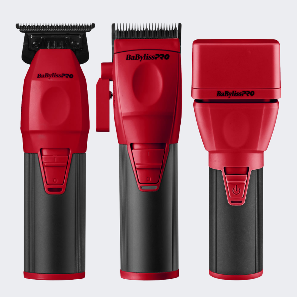 Three views of a red and black BabylissPRO hair clipper shown on a light gray background.