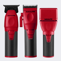 Three views of a red and black BabylissPRO hair clipper shown on a light gray background.