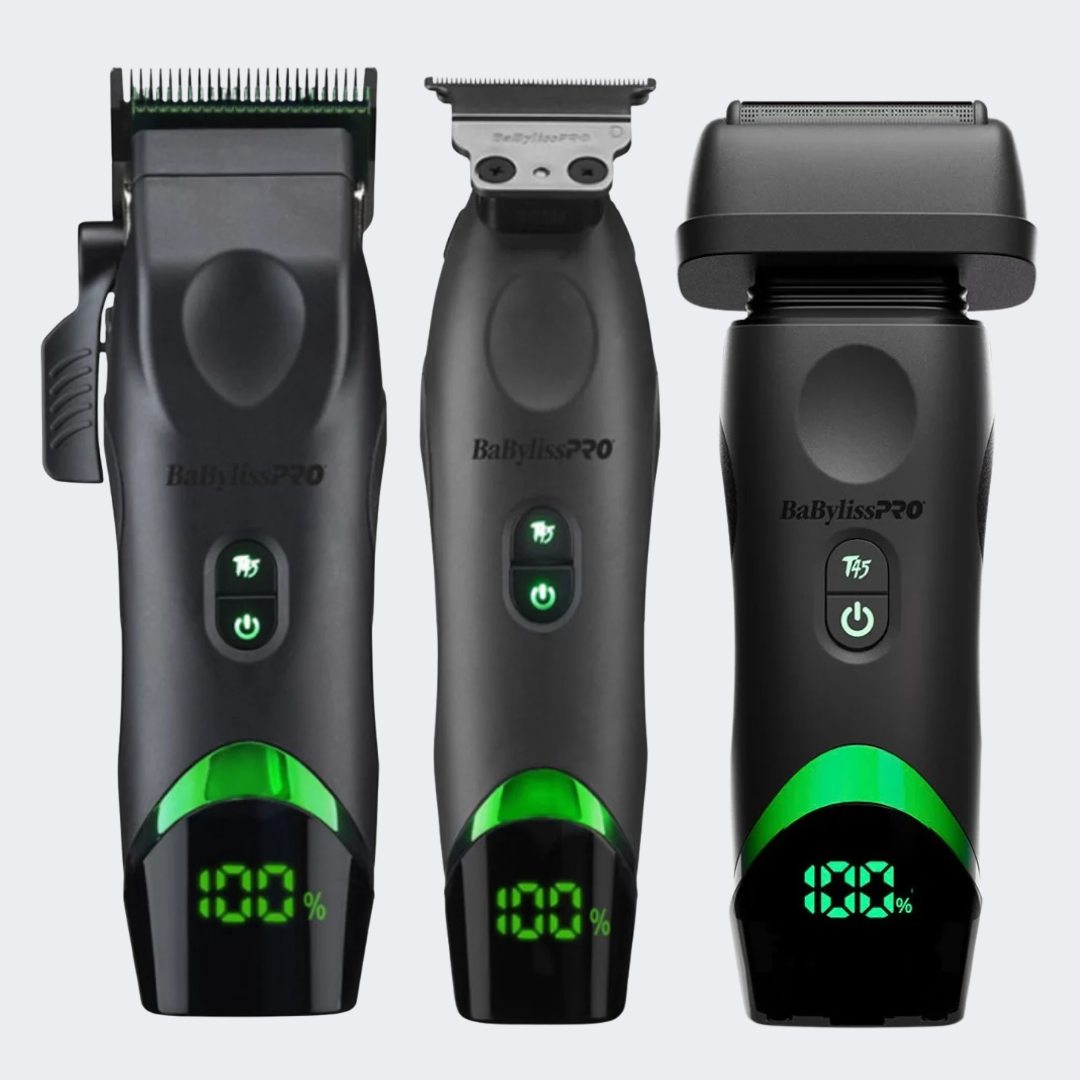 Three views of a BabylissPRO hair clipper shown on a light gray background, highlighting different angles of the black and green device.