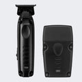 Black cordless hair trimmer shown from the front and back against a light gray background.