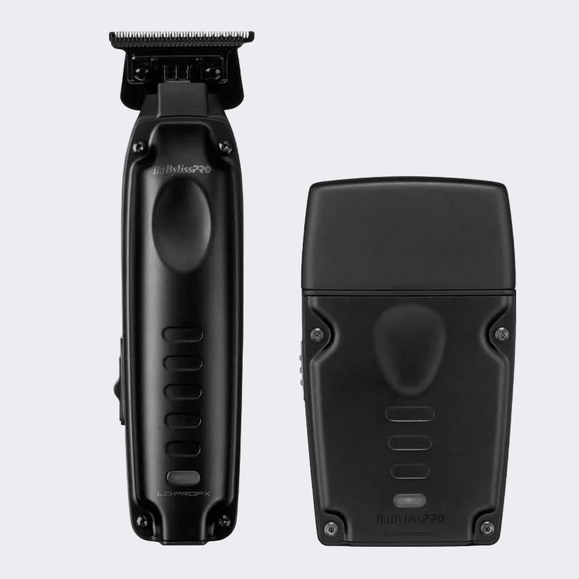 Black cordless hair trimmer shown from the front and back against a light gray background.