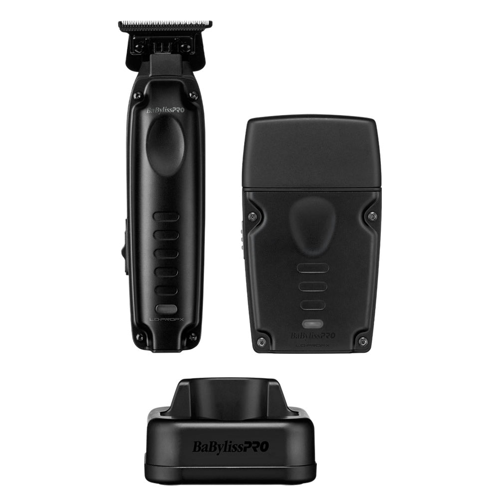 Black BabylissPRO 70 cordless hair trimmer shown from the front and back, with its charging dock below, on a plain white background.