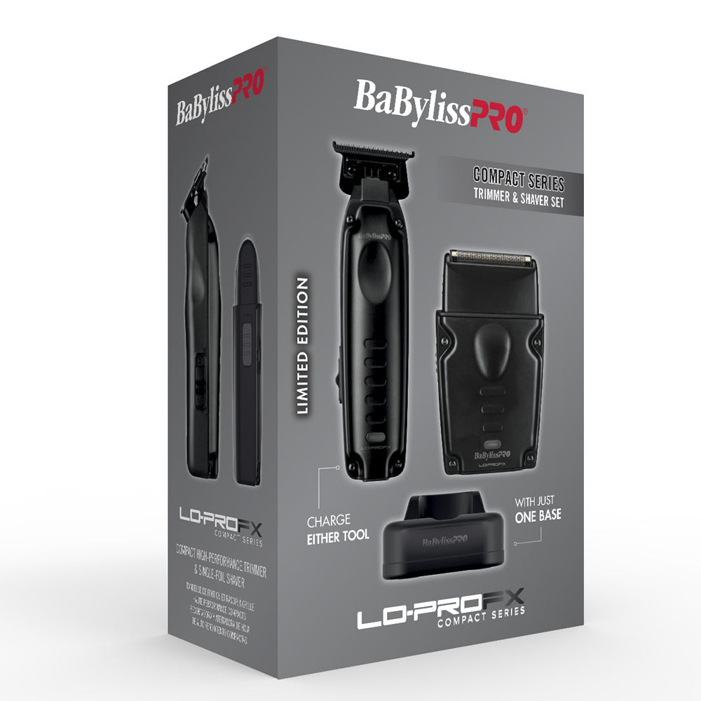 BabylissPRO Compact Series Trimmer & Shaver Set in its retail packaging, featuring a gray box with black and red branding and product illustrations.