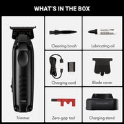 A product box contents graphic showing a black hair trimmer alongside included accessories: a cleaning brush, lubricating oil, charging cord, blade cover, zero-gap tool, and charging stand, with the title 'WHAT'S IN THE BOX' at the top.