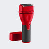 A red and black BabyLiss Pro electric shaver standing upright, with its red charging case placed beside it on a light gray background.