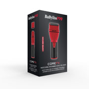 BaBylissPRO CoreFX double-stool shaver packaging box in black and red, featuring a large product image on the front and side views on the left, photographed on a clean white background.