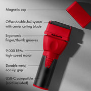 Red and black BabylissPRO offset double-foil electric shaver with callout labels pointing to features like the magnetic cap, offset double-foil system, ergonomic thumb grooves, 9,000 RPM motor, durable metal non-slip grip, and USB-C compatibility.