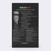 BaBylissPRO Core FX double-foil shaver with feature list on a black background