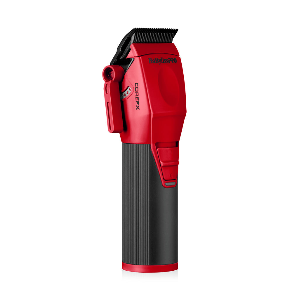 A BabylissPRO Corefex cordless hair clipper in red and black, shown from a side profile on a clean white background.