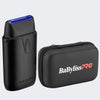 A black BaBylissPRO electric shaver shown next to its matching black zippered carrying case on a light gray background. The shaver has a blue accent on the cutting edge, and the case features the BaBylissPRO logo in white and red.