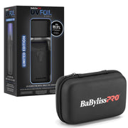 BaBylissPRO UVFOIL Single UV disinfecting metal foil shield set, featuring the black zippered carrying case in the foreground and the retail packaging box in the background on a white studio background.