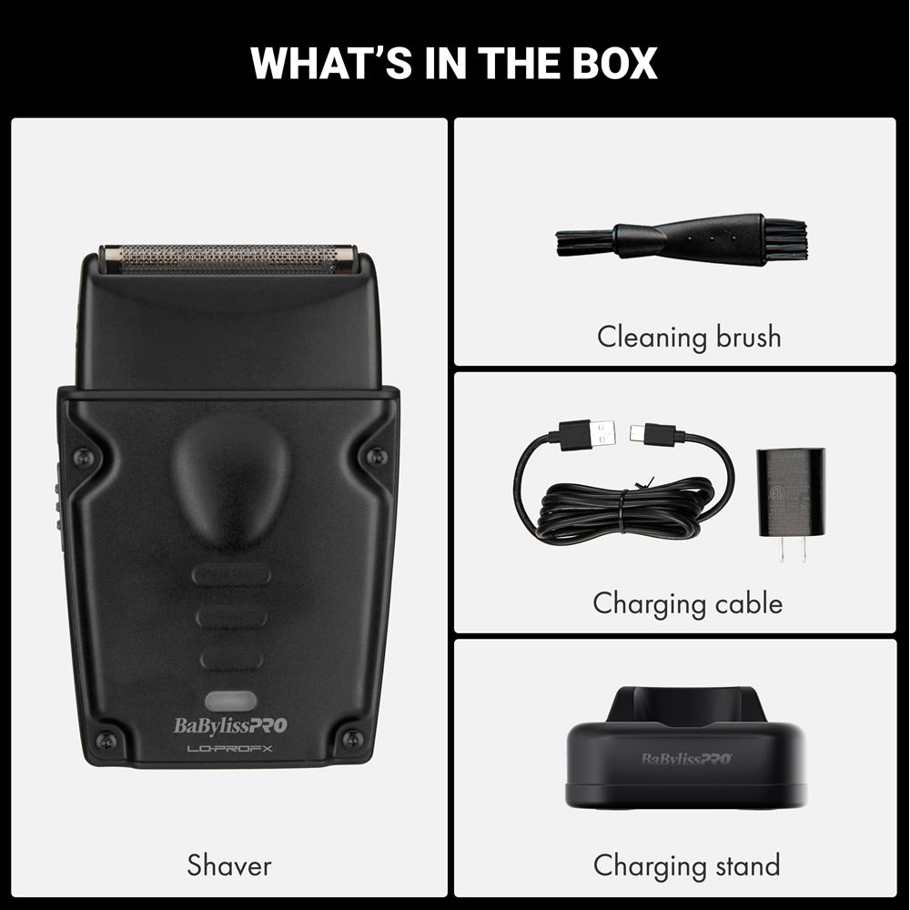Box contents graphic for a BabylissPRO shaver, showing the black shaver, a cleaning brush, a charging cable with charger, and a charging stand, with the heading 'WHAT'S IN THE BOX'.