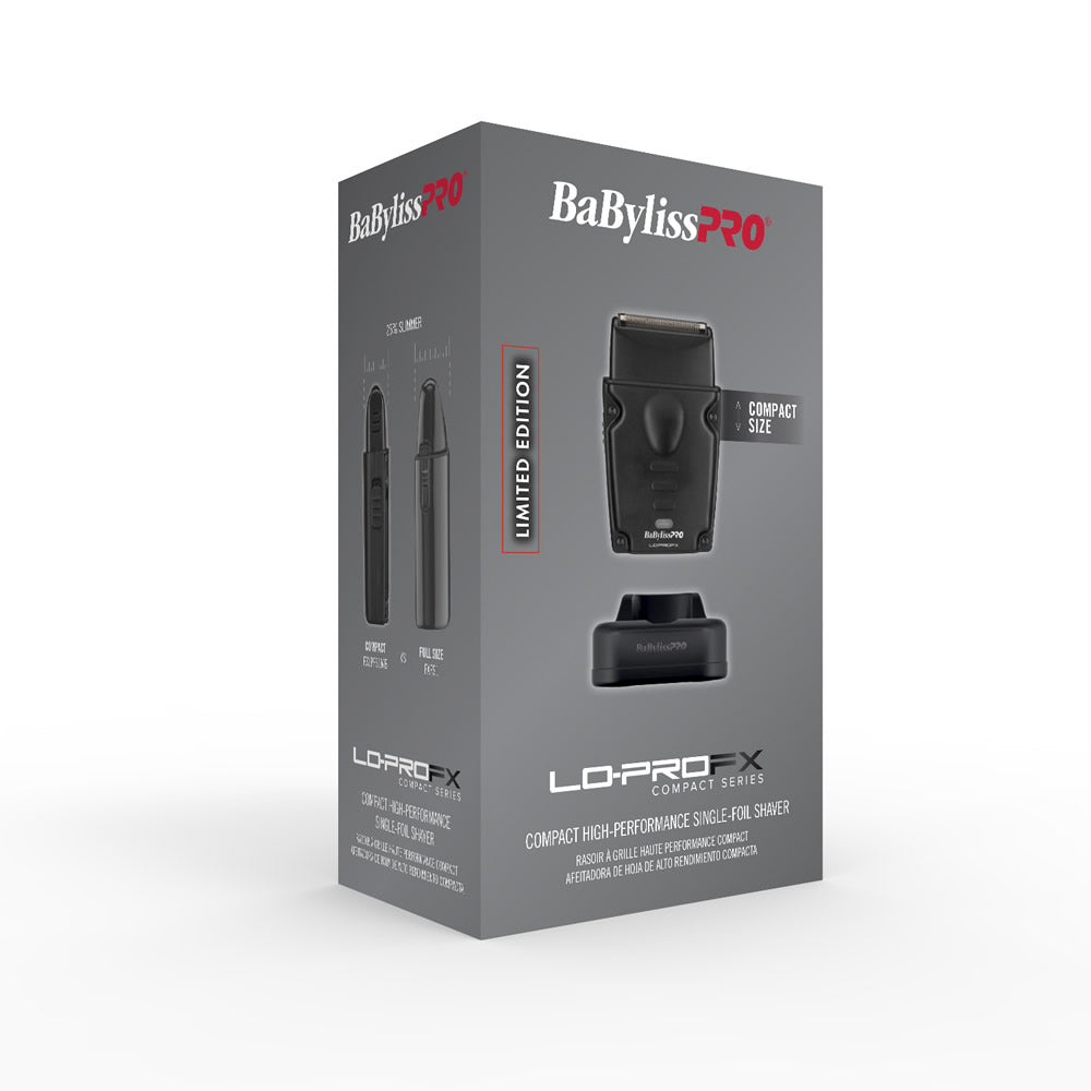 BaBylissPRO LoProfX Compact High Performance Single Rail Shaver retail packaging box, shown at a three-quarter angle on a clean white background.