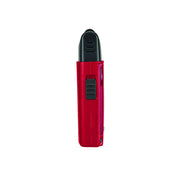 A red and black electronic device, possibly a vape pen or similar handheld gadget, shown vertically against a plain white background.
