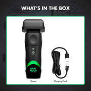 A black Bupleeshop 2700 electric shaver shown with a black USB charging cord on a white card, with the text 'WHAT'S IN THE BOX' above and labels 'Shaver' and 'Charging Cord' below.
