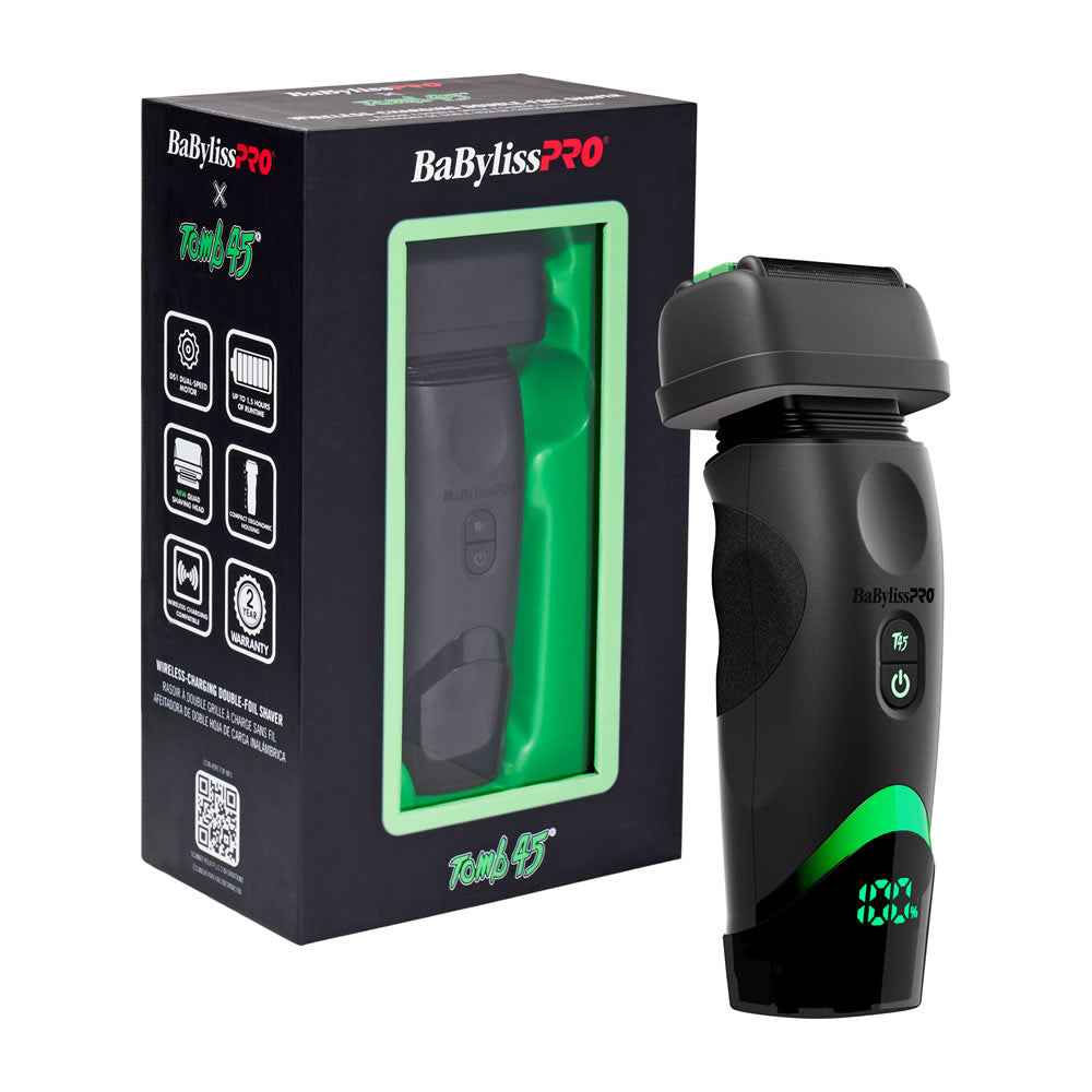 Babyliss Pro x Reddy9 electric beard trimmer shown next to its black retail box on a white background. The trimmer is matte black with green LED accents and a green power button, and the packaging features a large green window frame.