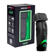 Babyliss Pro x Reddy9 electric beard trimmer shown next to its black retail box on a white background. The trimmer is matte black with green LED accents and a green power button, and the packaging features a large green window frame.