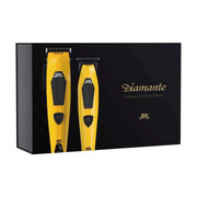 Yellow JRL Diamante professional hair clipper and trimmer set shown in front of its black retail packaging box.