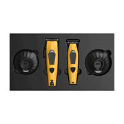 Two yellow and black JRL electric hair clippers & trimmers displayed side by side on a black presentation board, with two black charging docks on either side, set against a plain white background.