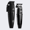 Two black JRL cordless hair clippers & Trimmers shown side by side on a light gray background, one in the open position and one closed.