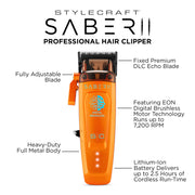 An orange Stylecraft Saber II professional hair clipper centered on a white background, surrounded by callout labels pointing to features such as the adjustable blade, heavy-duty metal body, EON digital brushless motor, and lithium-ion battery life.