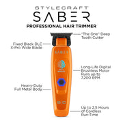 An orange Stylecraft Saber professional hair trimmer with multiple text callouts detailing its features, set against a solid white background.