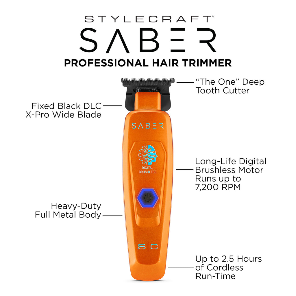 An orange Stylecraft Saber professional hair trimmer with multiple text callouts detailing its features, set against a solid white background.