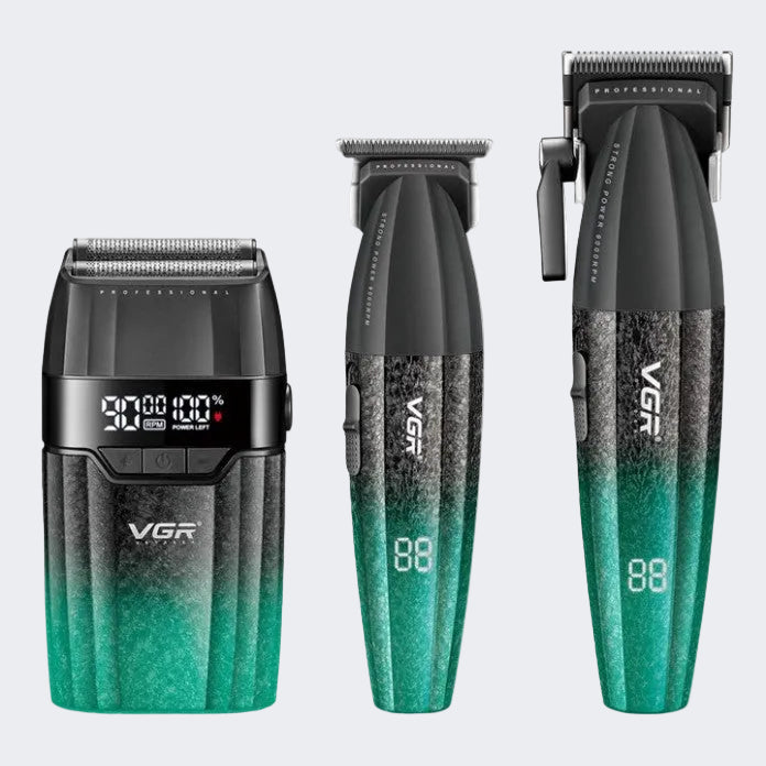 Three views of a VGF cordless hair trimmer set on a light gray background: a compact trimmer with a digital display, a handheld trimmer, and a clipper attachment. The devices have a black-to-teal gradient finish with the VGF logo and digital '88' display.
