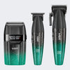 Three views of a VGF cordless hair trimmer set on a light gray background: a compact trimmer with a digital display, a handheld trimmer, and a clipper attachment. The devices have a black-to-teal gradient finish with the VGF logo and digital '88' display.