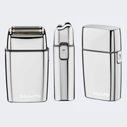 Three metallic silver BabilysPro electric grooming devices shown side by side on a light gray background: a beard trimmer with guard, a slim trimmer attachment, and a matching rectangular case.