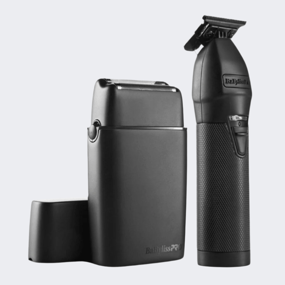 A black BaByliss Pro electric trimmer and matching charging dock on a light gray background.
