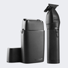A black BaByliss Pro electric trimmer and matching charging dock on a light gray background.