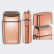Three views of a BaBylissPRO electric shaver in a metallic rose gold finish, shown on a light gray background.