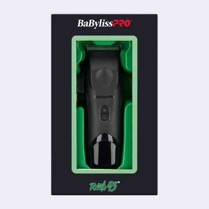 BaBylissPRO Tangle 45 hair clipper in black, shown inside its black retail packaging with a green inner frame.