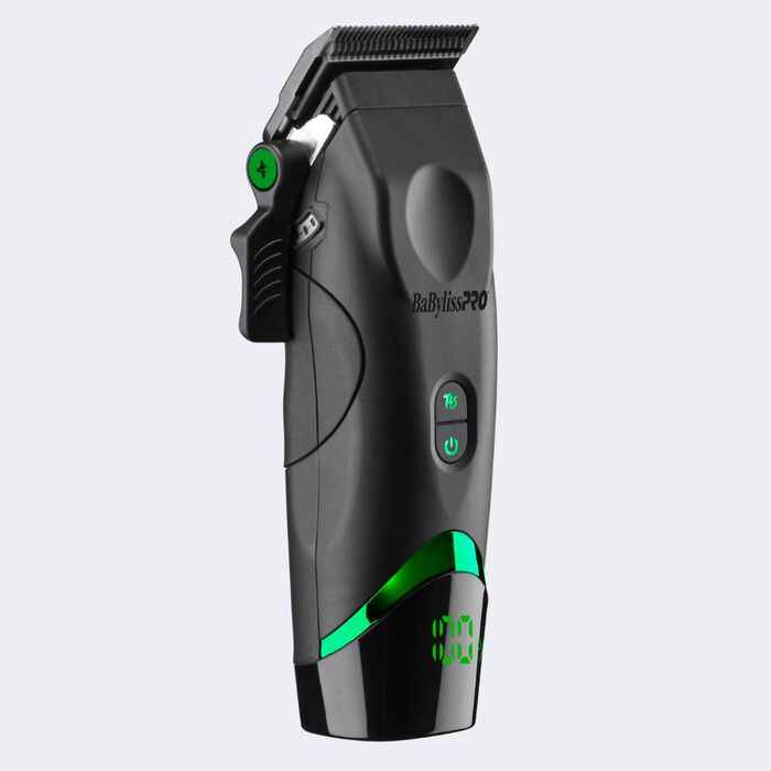 Hair trimmer with green accents on a light gray background