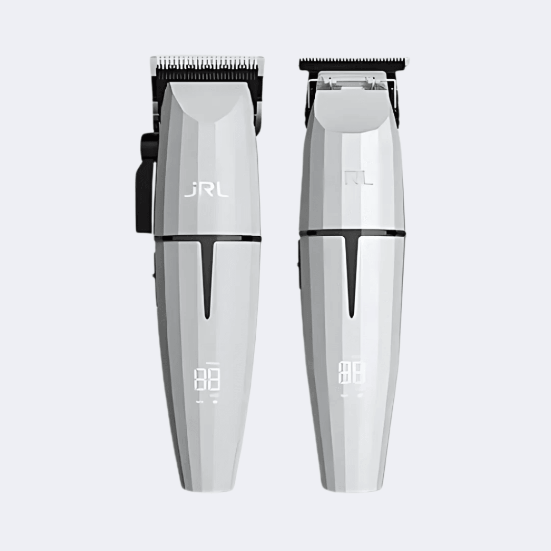 Two silver hair trimmers with digital display on a white background