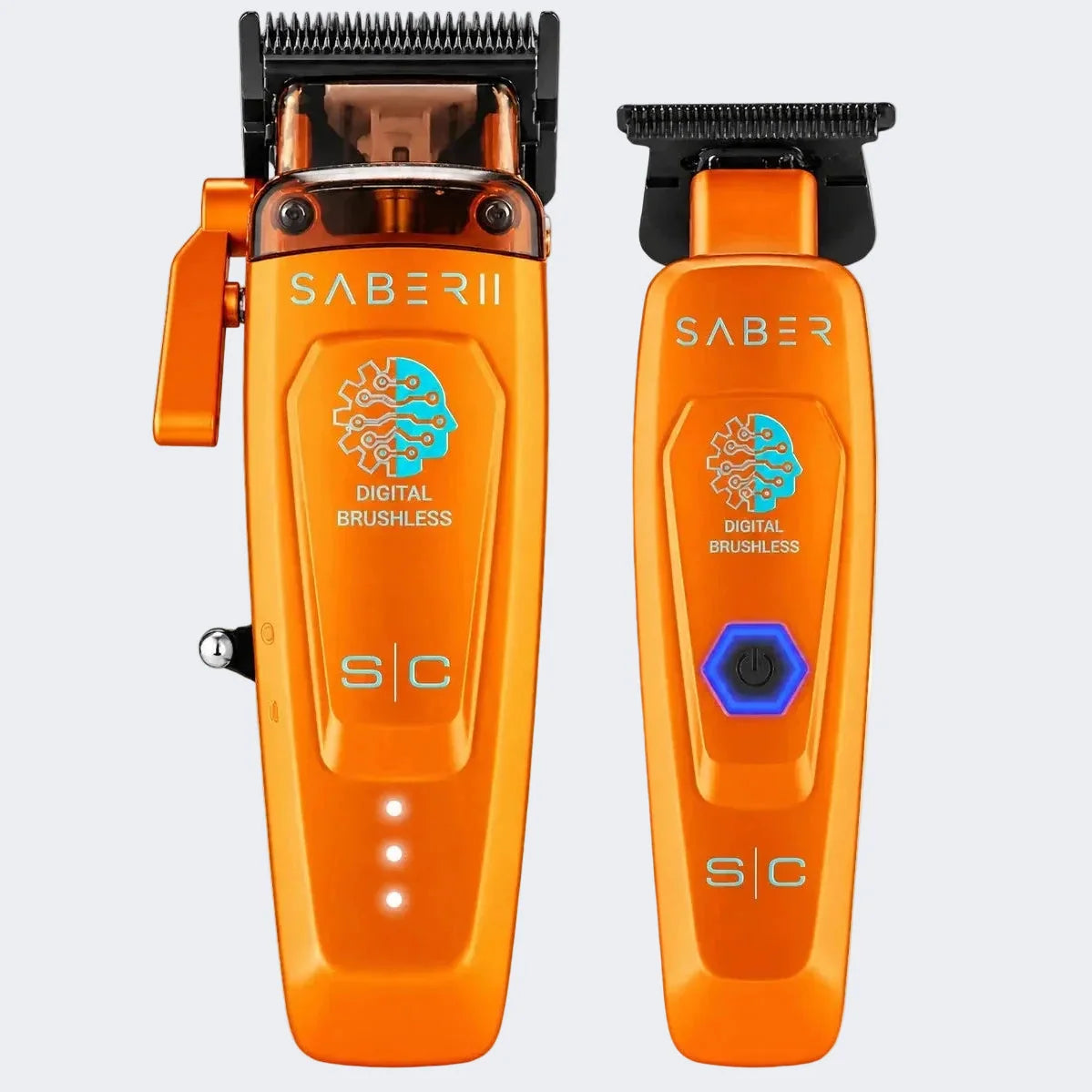 Two orange electric hair clippers shown on a plain white background, one with a black guard and the other without, both labeled SABER and SABER II with digital brushless text and a small blue logo.