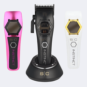 Three hair clipper in pink, black, and white with 'SIC Instinct' branding on a light gray background.